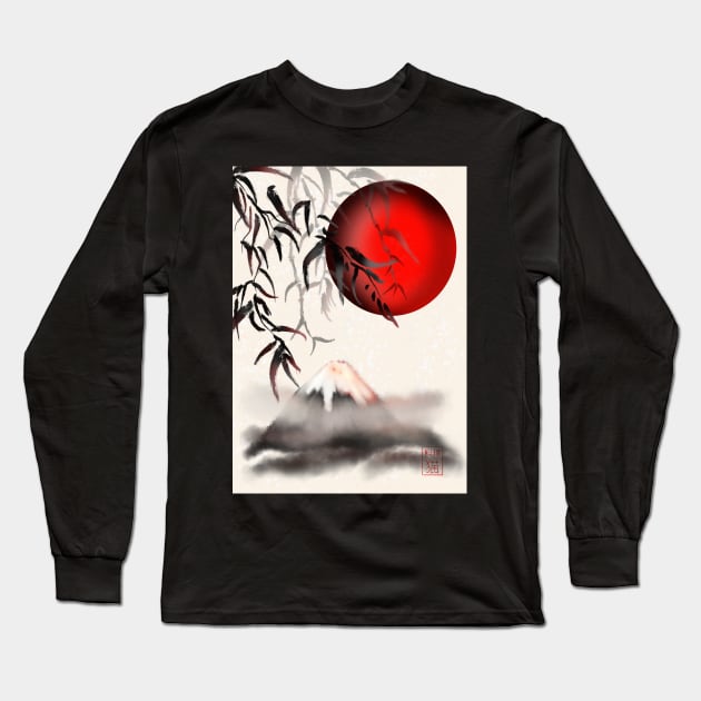 Sumi-e Mount Fuji with a red rising sun Long Sleeve T-Shirt by cuisinecat